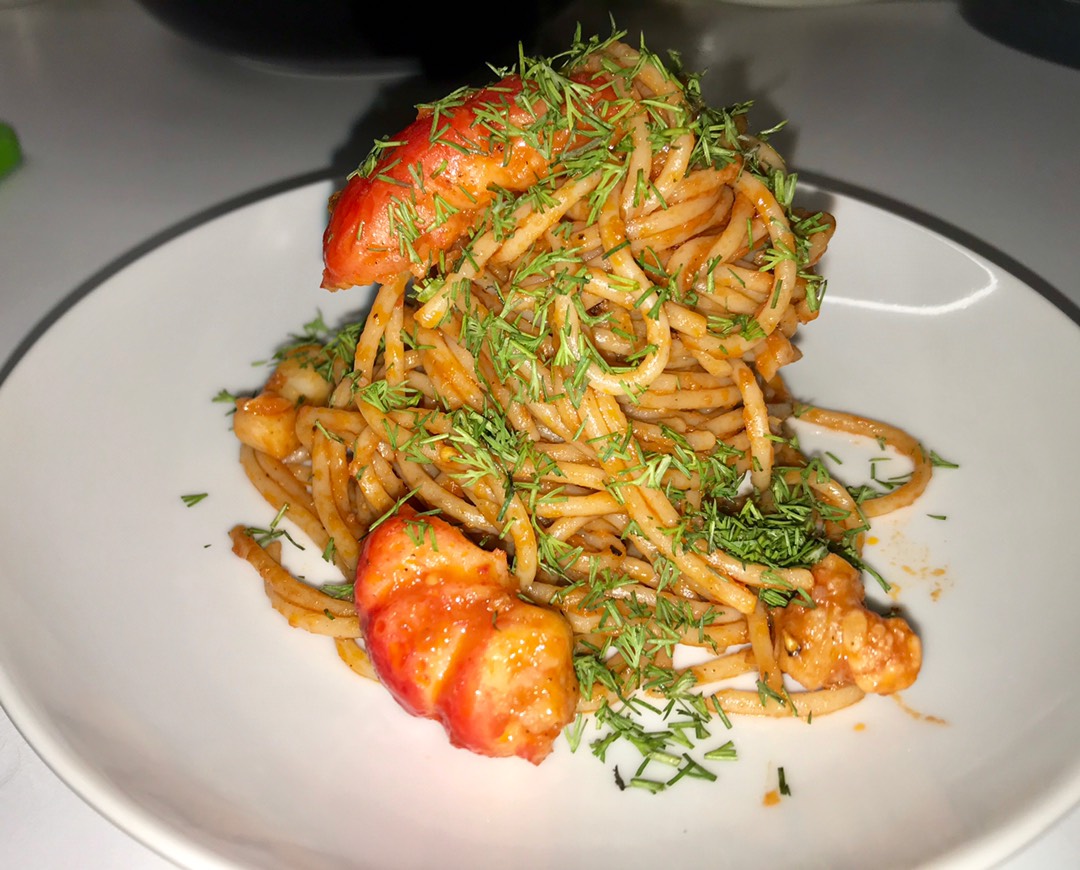 Спагетти с морепродуктами без вина и быстро