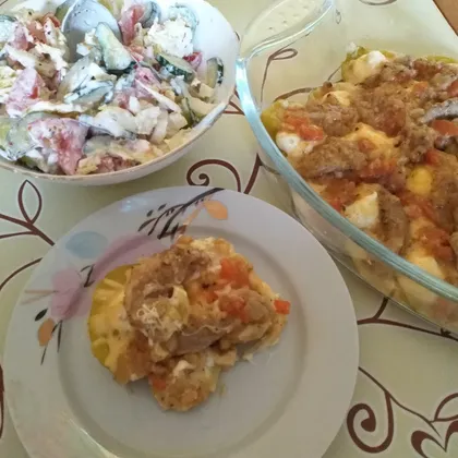 Запеченный картофель с мясом, сыром, чесноком