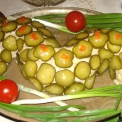 Салат «Змейка» с шампиньонами, сыром и курицей