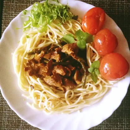 Постный обед:Рагу из лисичек к спагетти