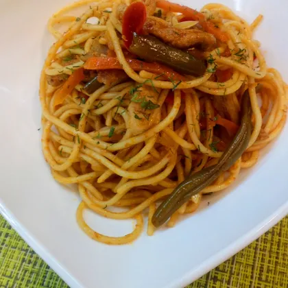 Обед за полчаса, спагетти с мясом и овощами