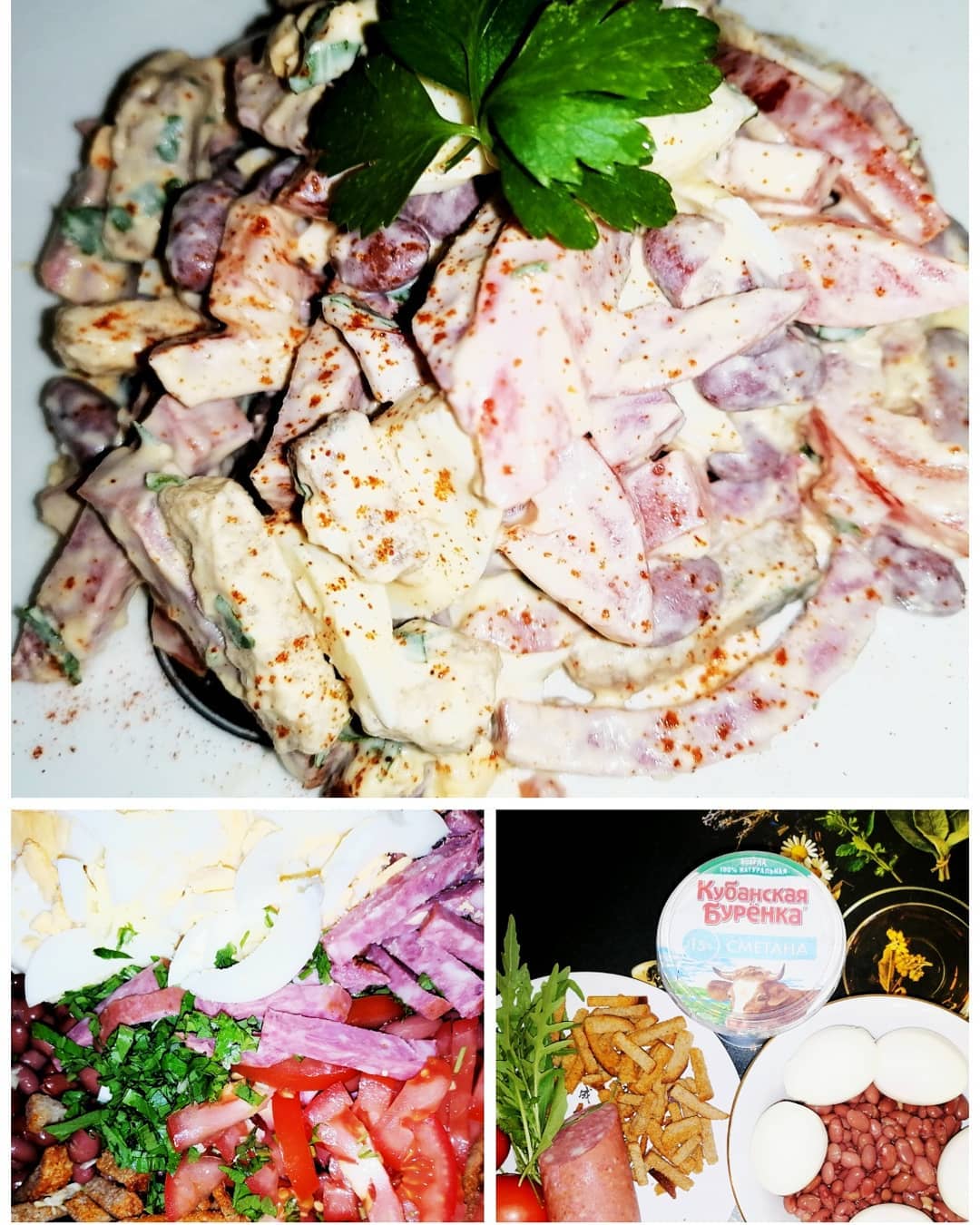 Салат с фасолью, колбасой, помидорами, сухариками и сыром — рецепт с фото пошагово