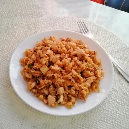 Рис в кисло-сладком соусе с грибами шиитаке и курицей