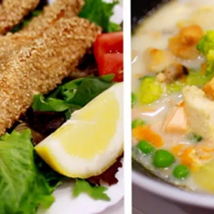Царский сливочный рыбный суп из лосося и запеченная рыба в кунжуте