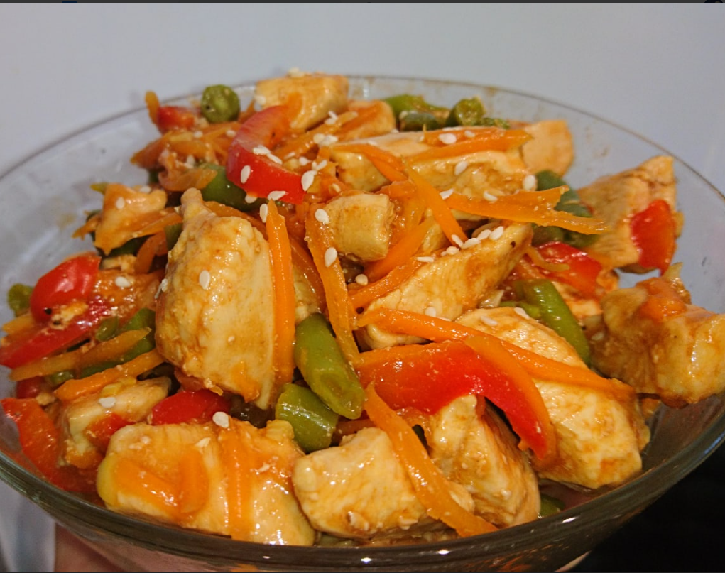 Рецепт Курица в соусе терияки с овощами. Калорийность, химический состав и пищевая ценность.
