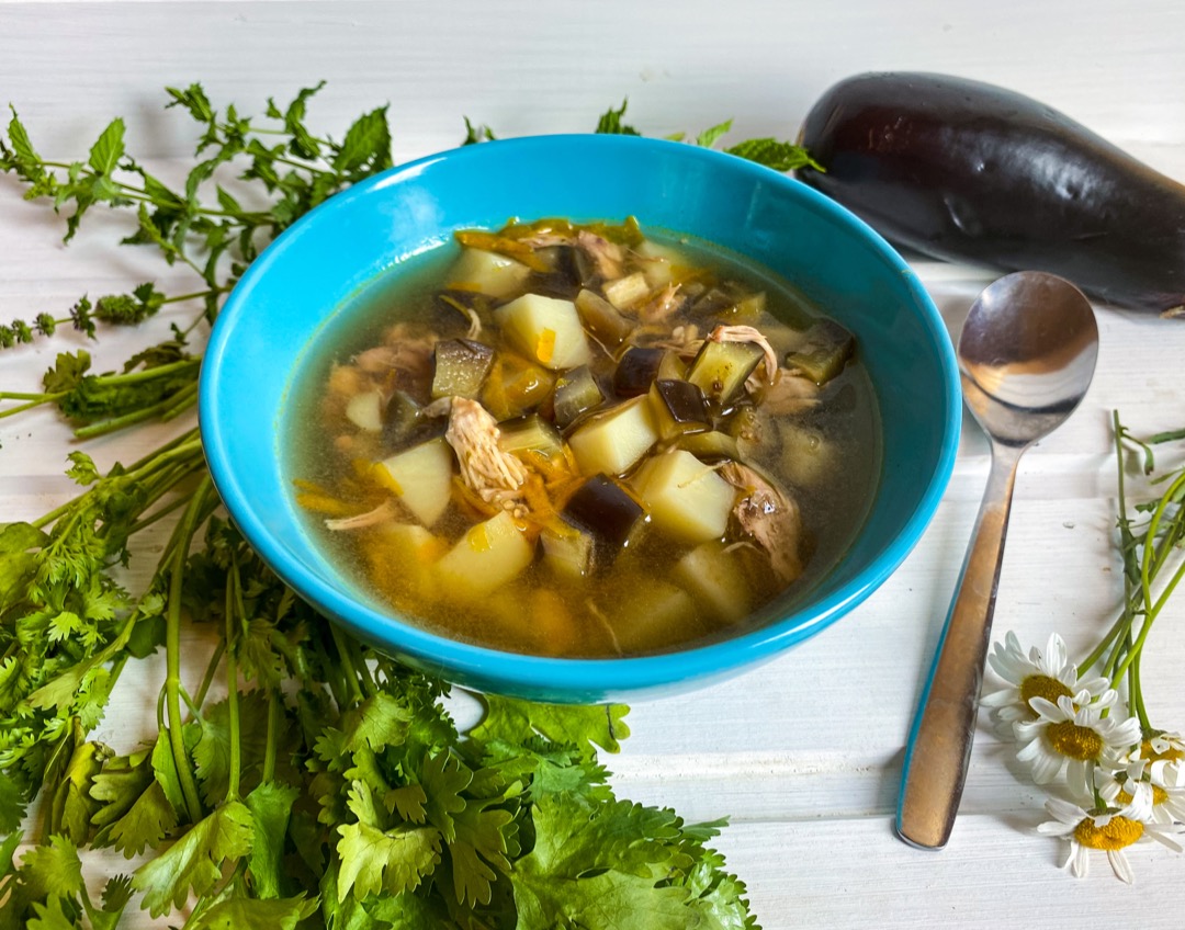Овощной суп с баклажанами и индейкой в мультиварке-скороварке