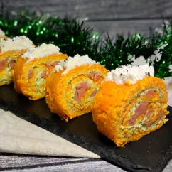 Морковный рулет с красной рыбой.  Закуска на новый год. Рецепты на новый год 2026. Новогодний стол 2026