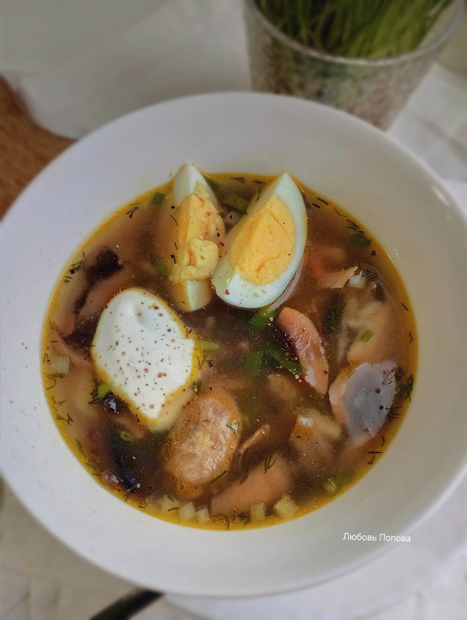 Суп с шампиньонами, курицей и рисом