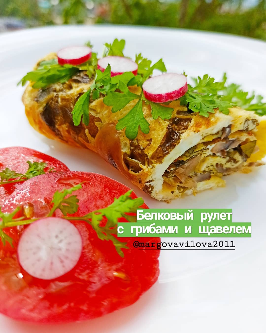 Белковый рулет с грибами и щавелем