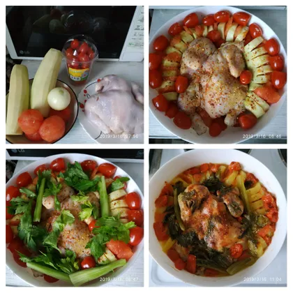 Цыплёнок-корнишон с кабачками, помидорами и сельдереем