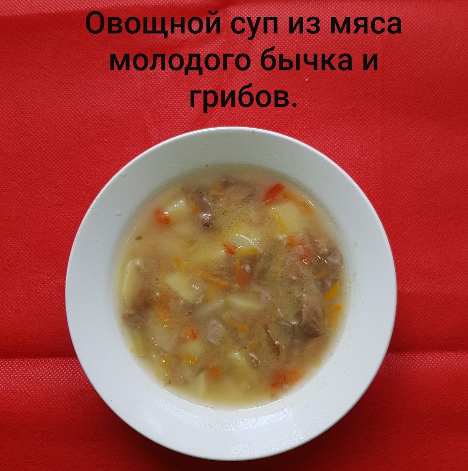 Овощной суп из мяса молодого бычка и грибов