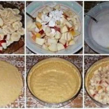 Яблочно-банановый пирог из песочного теста со сметанной заливкой