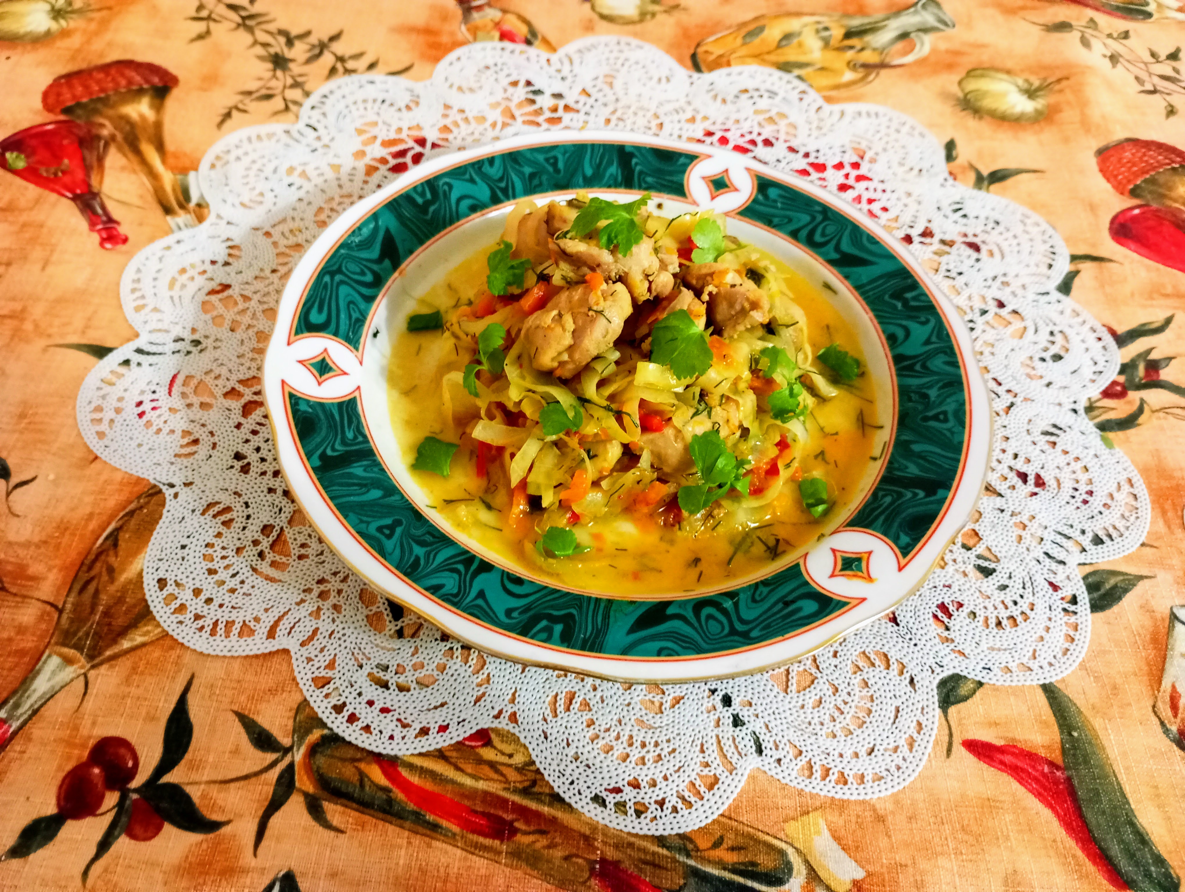 Тушеная капуста с курицей и грибами