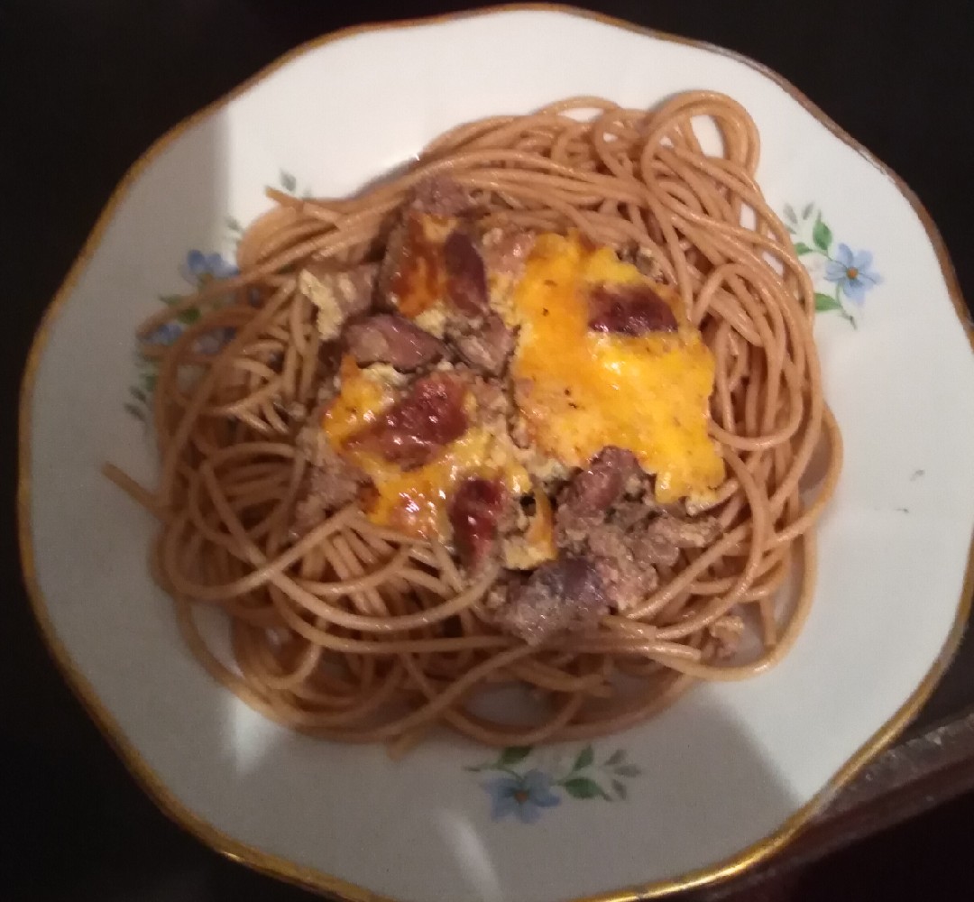 Спагетти с соусом из печени и грибов