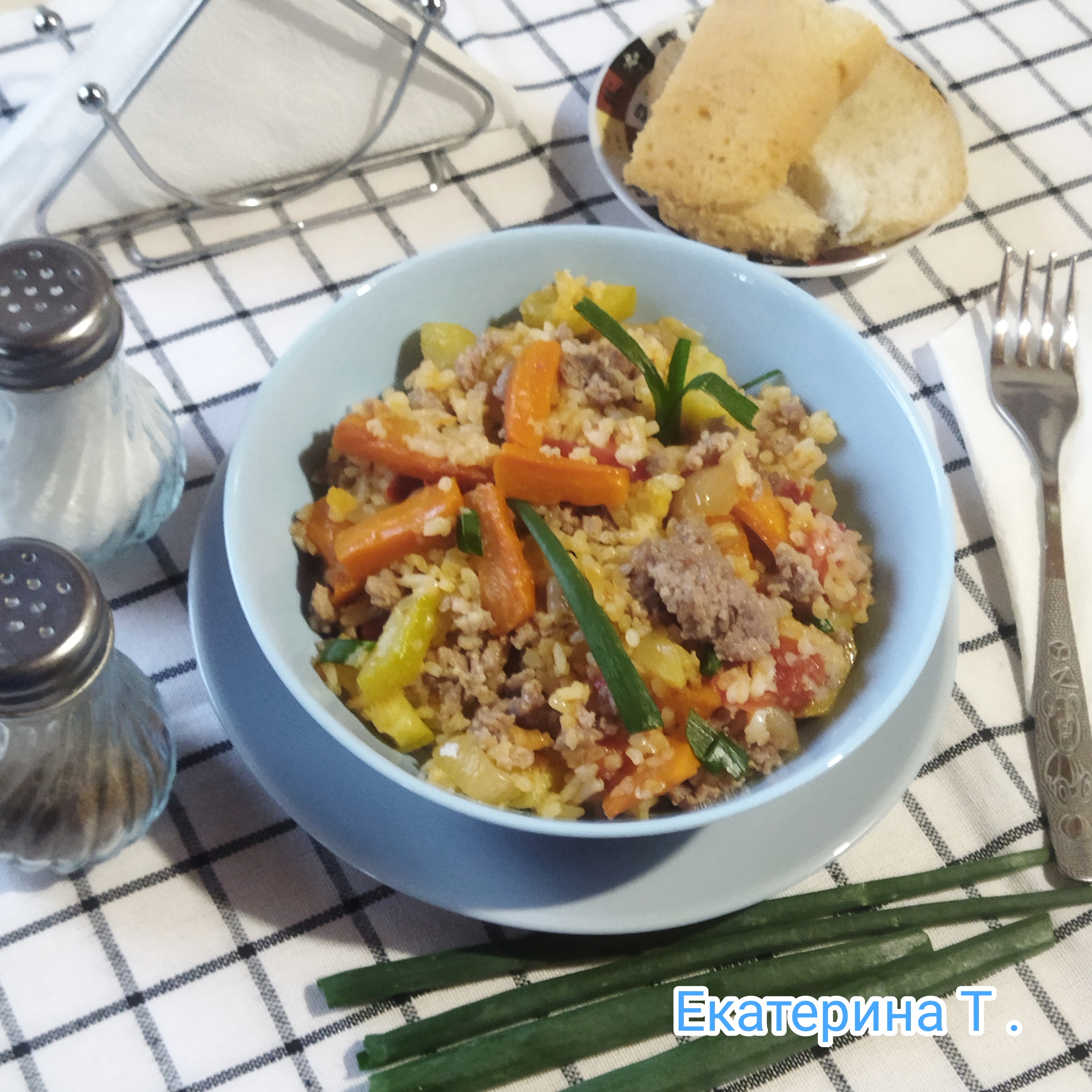 Фарш с тушëными овощами и рисом