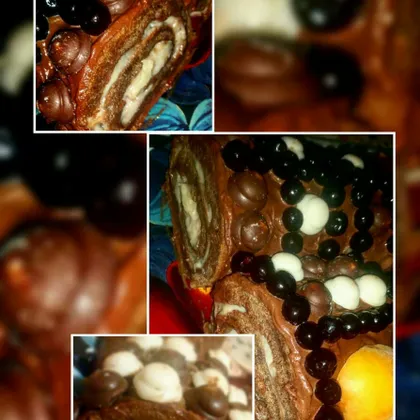 Шоколадный рулет пропитанный в банановом креме, намазанный заварным кремом и  шоколадной глазурью