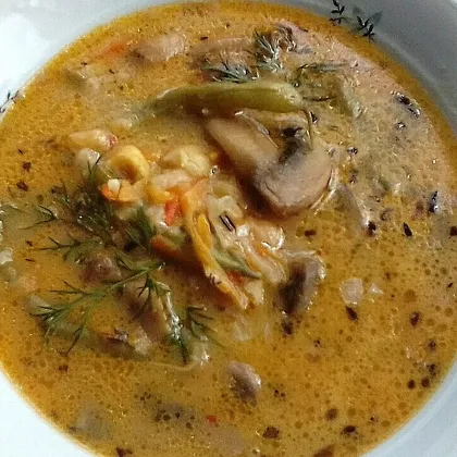 Томатный грибной суп с нутом и спаржевой фасолью