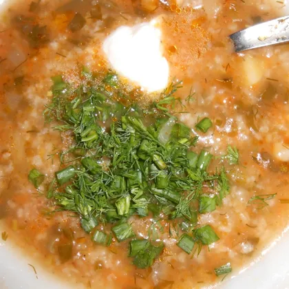 Суп рисовый с томат-пастой на говяжьем бульоне