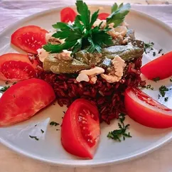 Красный рис с тушенной курицей с овощной смесью гювеч