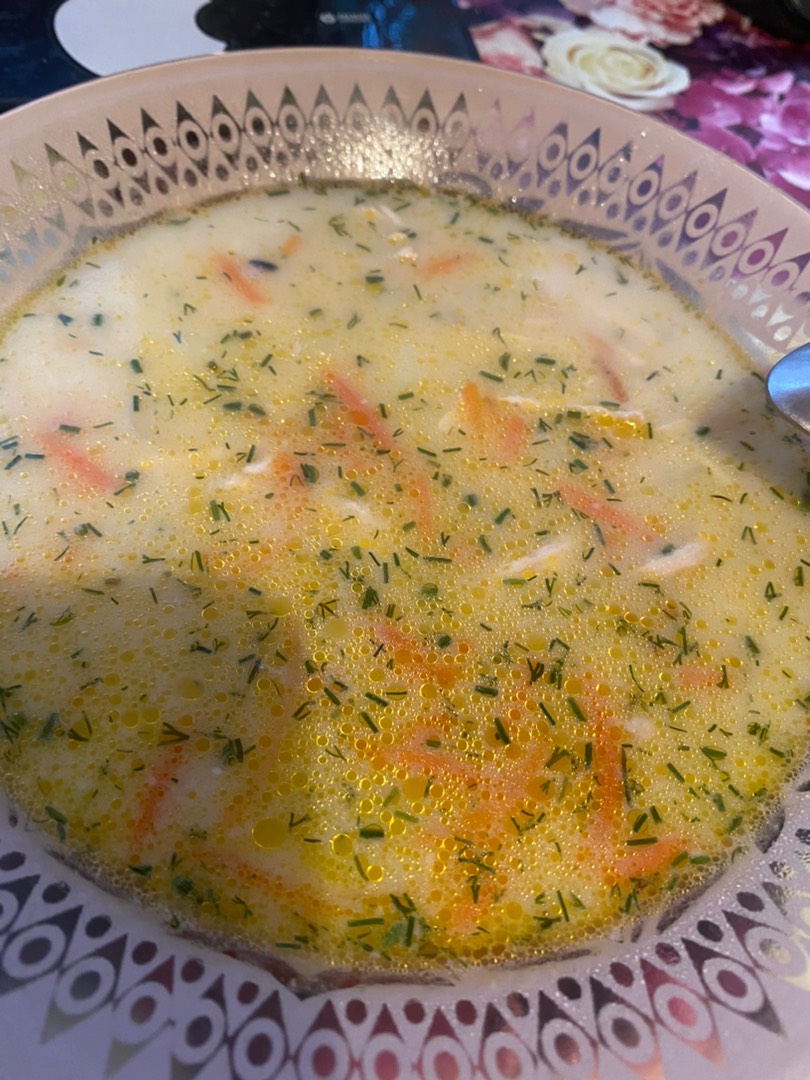 Пюрирование супа с сыром и курицей