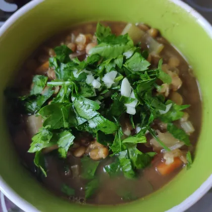 Густой суп с чечевицей, машем и свежими овощами