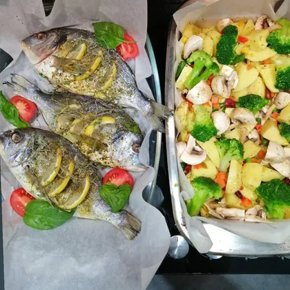 Идея вкусного ужина 🐟🥔🍅🥦🥕#картофель #овощи #рыба #дорадо