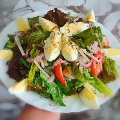 Зелёный салат с овощами и отварным яйцом