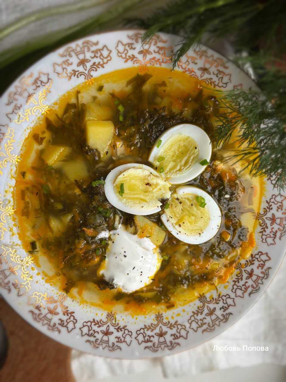 Зелёные щи с курицей и щавелем