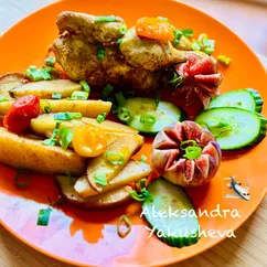 Цыплята Корнишоны в медовом соусе с инжиром и картофелем