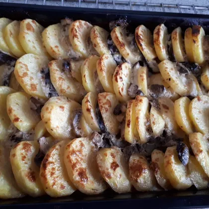 Картофель с грибами и баклажанами, запеченный в духовке