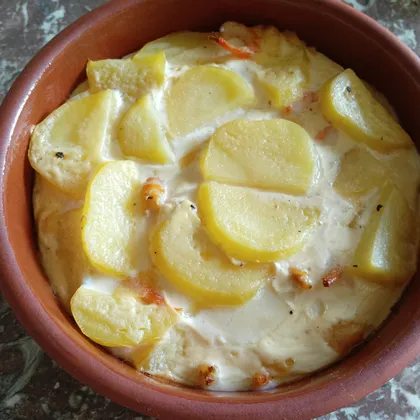 Картошка с сыром и креветками под яично-йогуртной заливкой в духовке