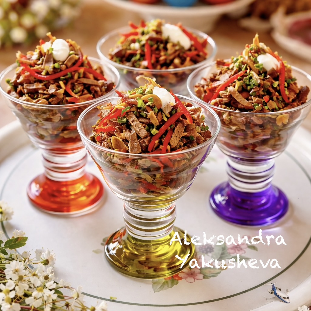 Салат с отварной говядиной и маринованными опятами