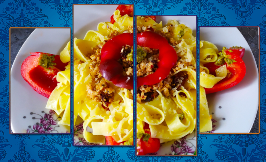 Fettuccine с куриным фаршем, помидорами🍅, песто,🌶️ приправами