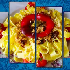 Fettuccine с куриным фаршем, помидорами🍅, песто,🌶️ приправами