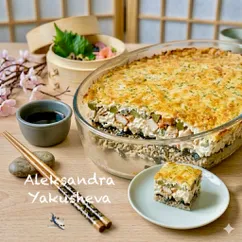 Запеченные ленивые роллы с копченой курицей