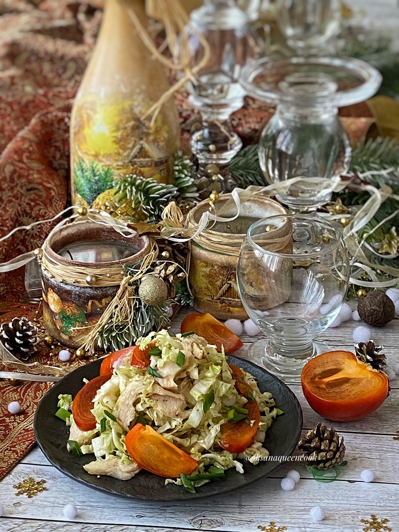 🎄Новогодний салат из пекинской капусты с копчёной утиной грудкой и хурмой