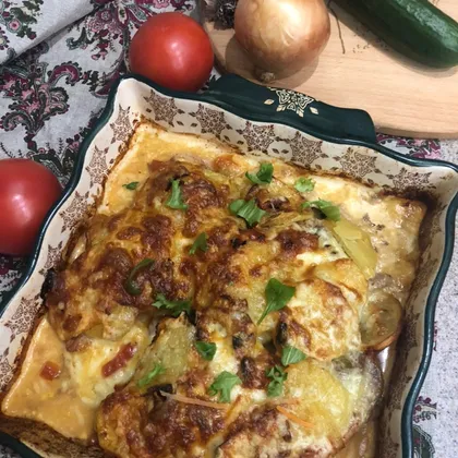 Бульба с мясом под сырной шубой