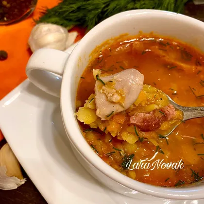 Суп гороховый на индейке с ветчиной и томатом