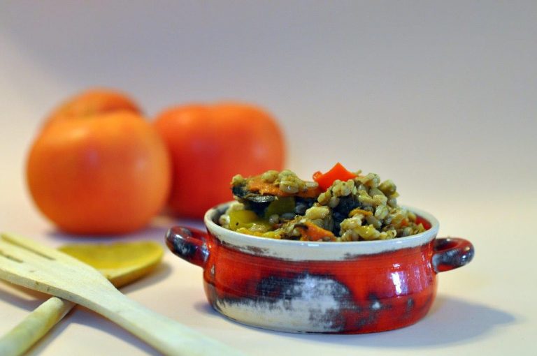 Итальянская полба с овощами и запеченными баклажанами