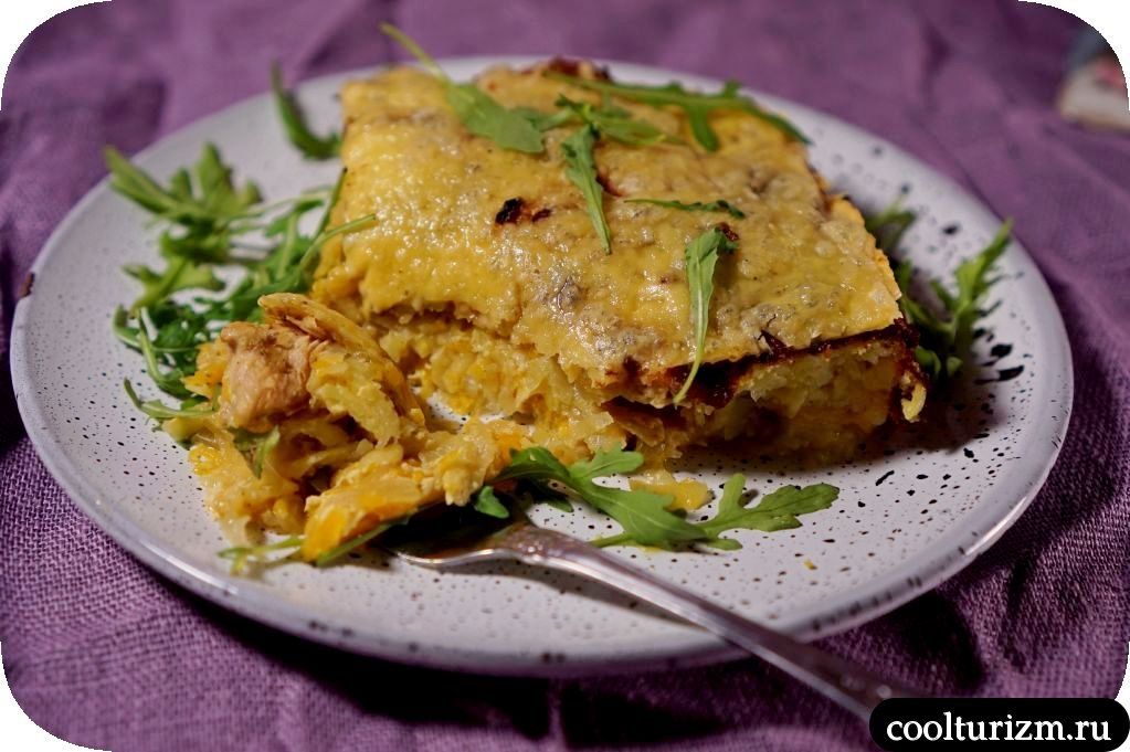 Гратен из картофеля с курицей и тыквой
