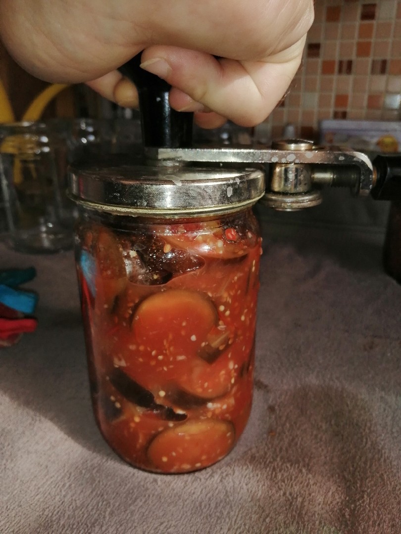 Баклажаны в томатном соке с чесноком, острым и сладким перцем