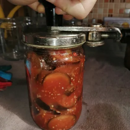 Баклажаны в томатном соке с чесноком, острым и сладким перцем