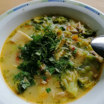 Лёгкий суп с курицей, овощами и пастой