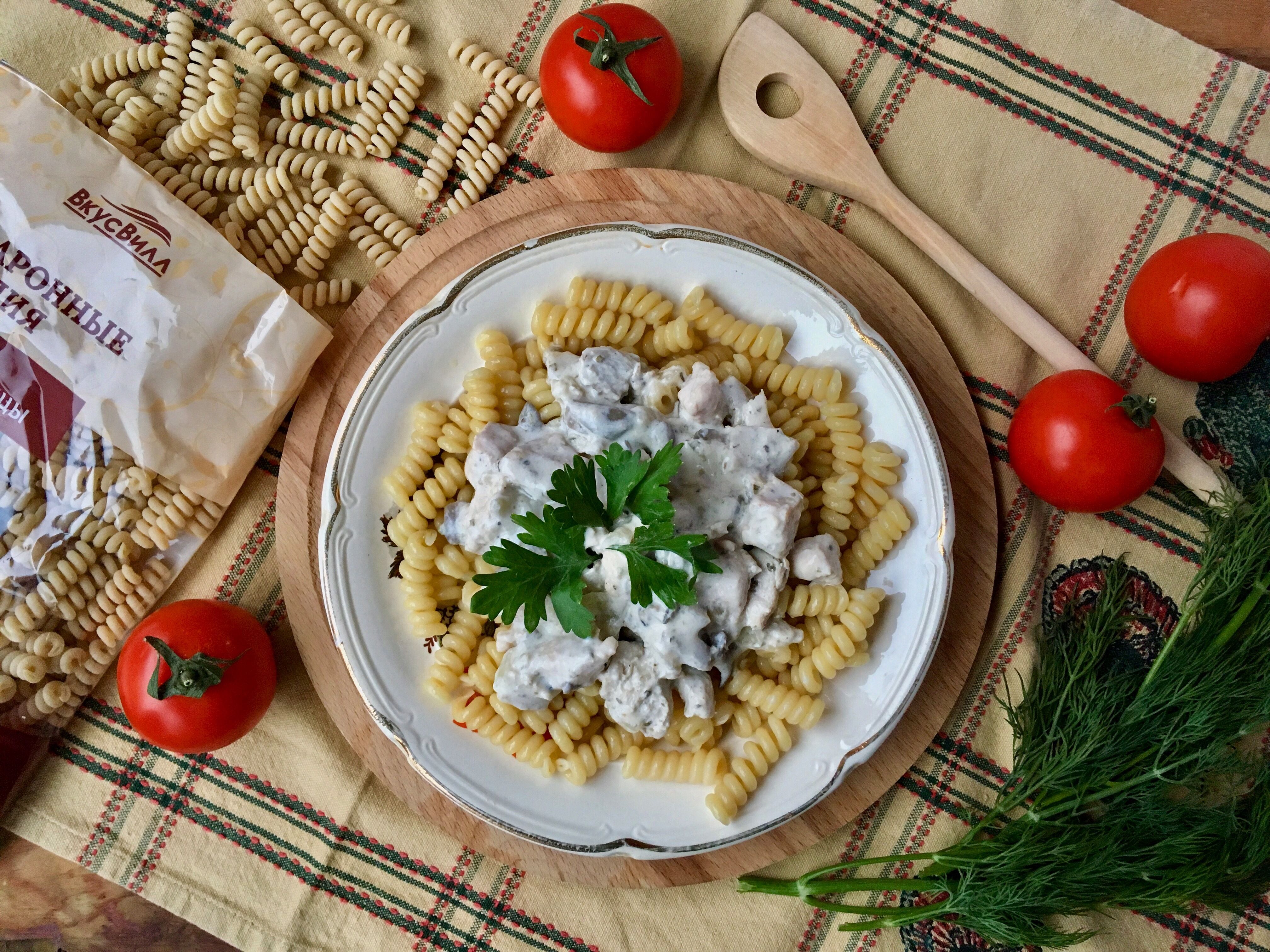 Курица в сливках с вешенками