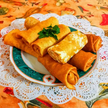 Заварные блины на молоке  с начинкой из мясного фарша