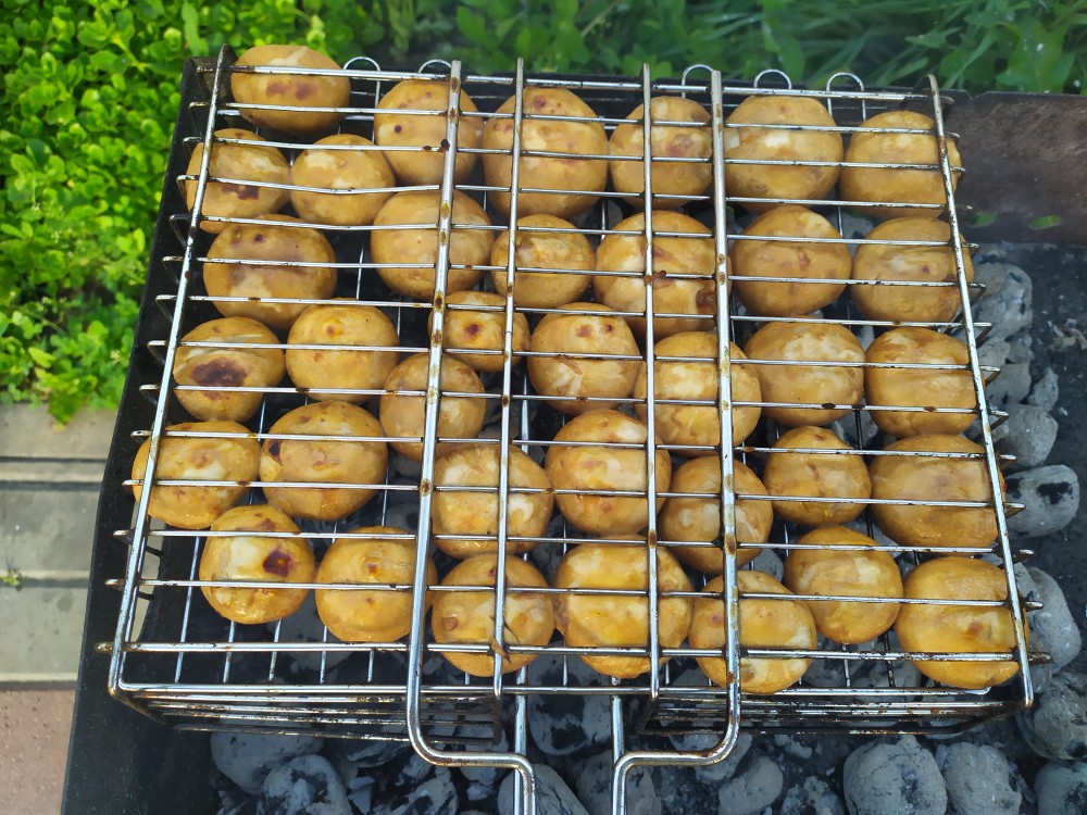 Грибы и рыба на мангале