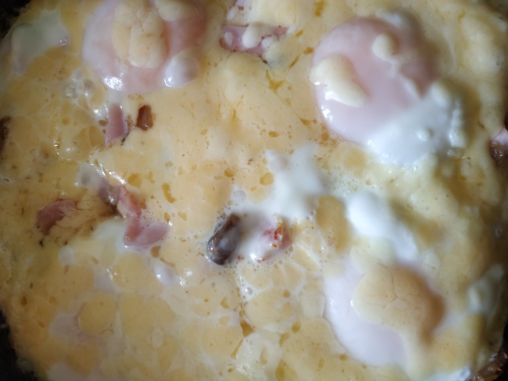 Яичница с ветчиной и грибами