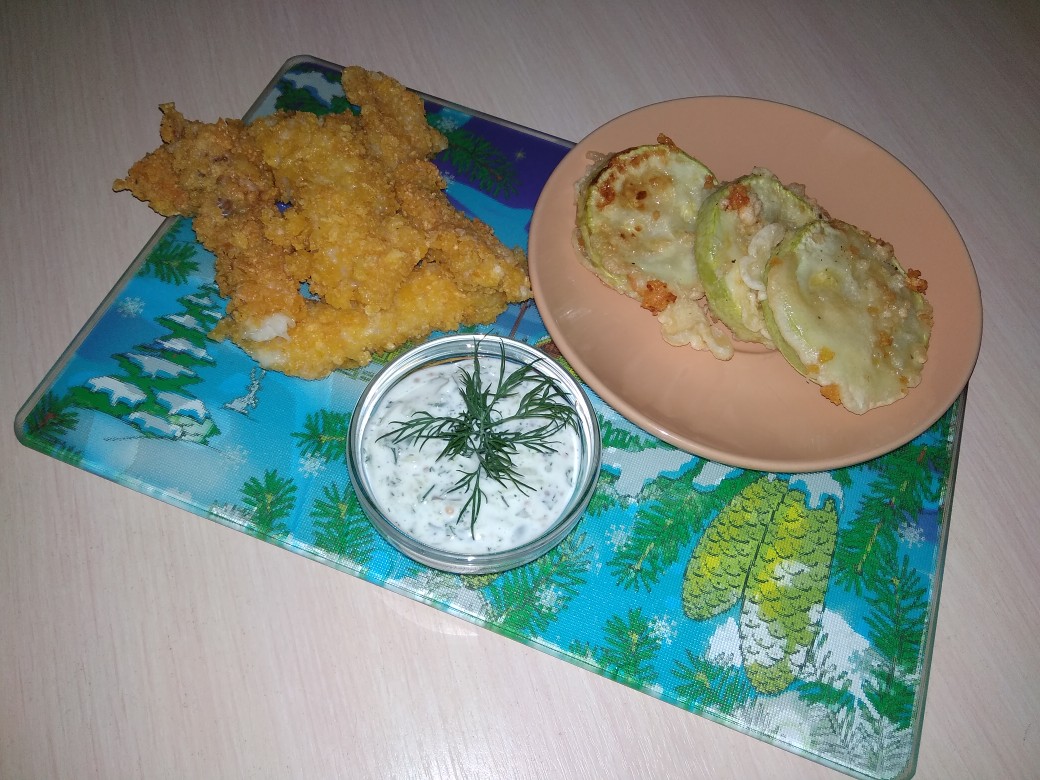 Рыбные стрипсы с хрустящими кабачками
