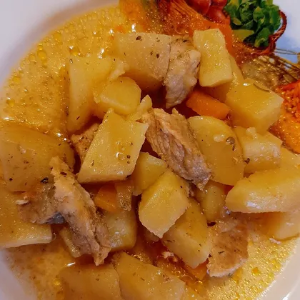 Картофель тушеный со свининой в мультиварке-скороварке мулинекс