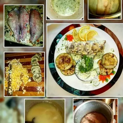 Рыба припущенная с гарниром из риса, жареных кабачков, и польским соусом